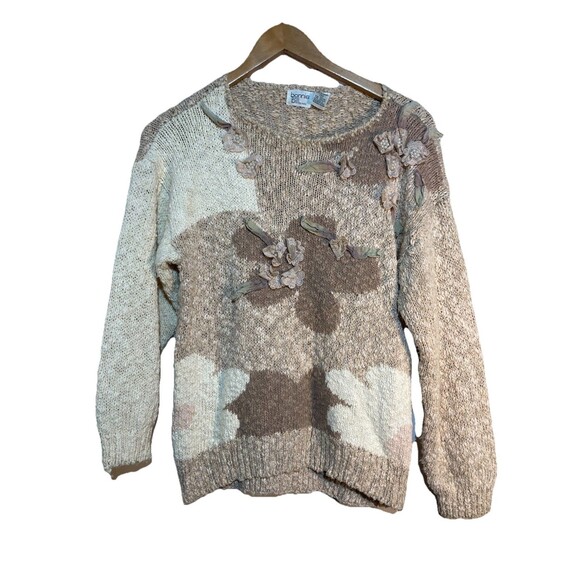 Vtg 90s Bonnie & Billy Tan Floral Appliqué Chunky Knit Sweater Cottage Fairy - Picture 1 of 10